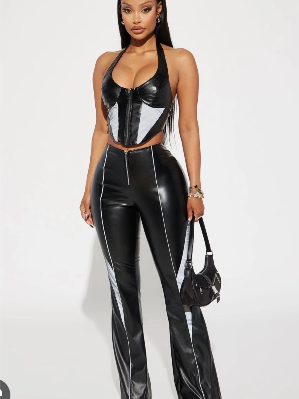 Fashion Nova Black & Silver Faux Leather Halter Corset with Flare Pants